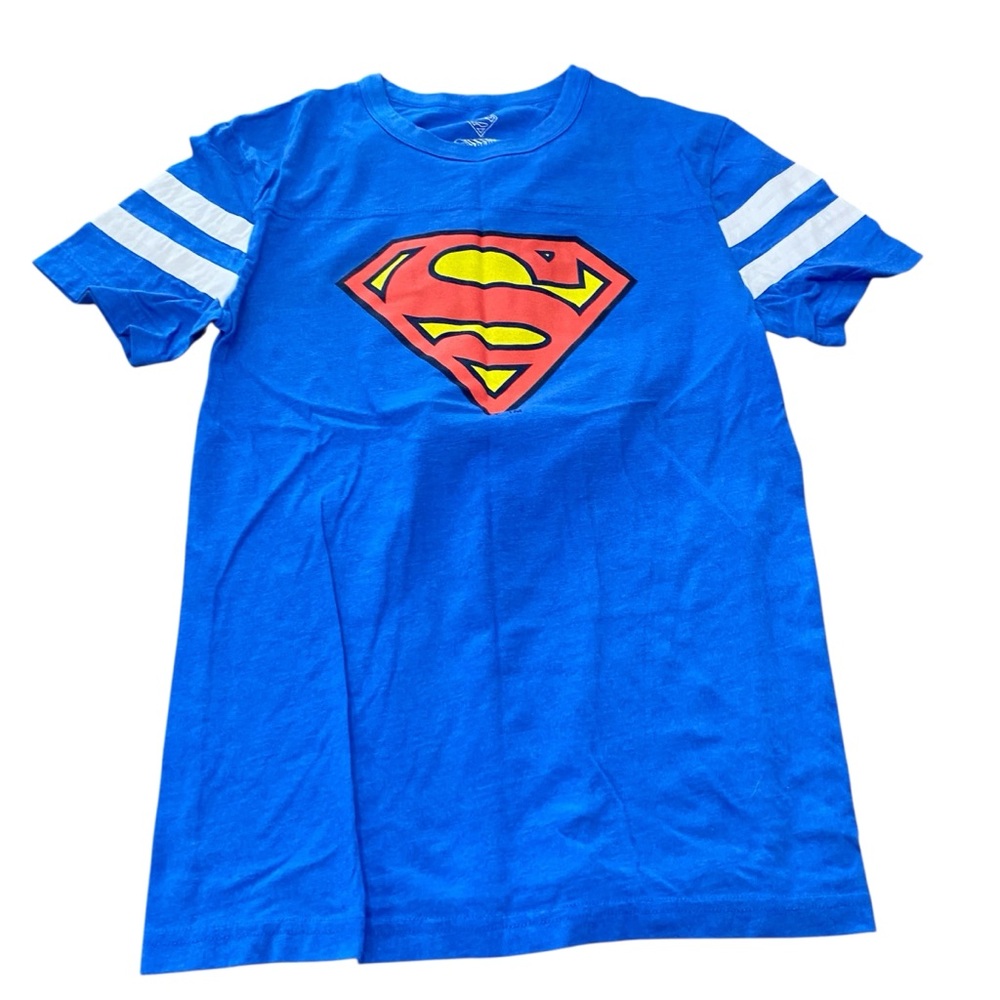 Superman Logo Blue Tee with White Sleeve Stripes